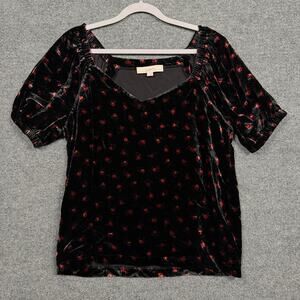 Loft Size Medium Velvet Puff Sleeve Top Blouse Black Red Rose Whimsigoth